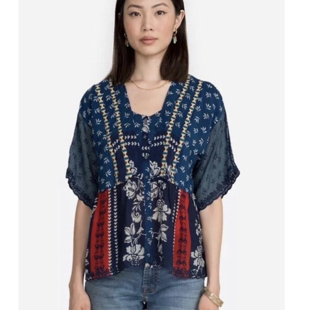 Johnny Was Blue and Red Patterned Ramona Blouse
